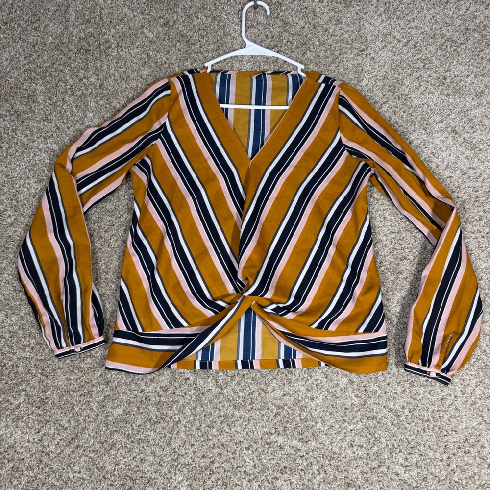 Pinkie Collection Mustard Stripe Twist Front Blouse Women's Medium Retro Boho